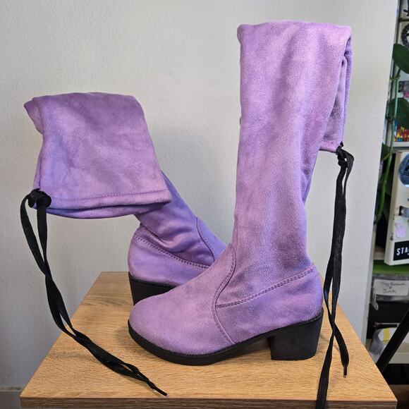 Size 8 Funtasma Lavender Faux Suede Over the Knee Boots Lace Back Coquette Mod - Picture 2 of 5